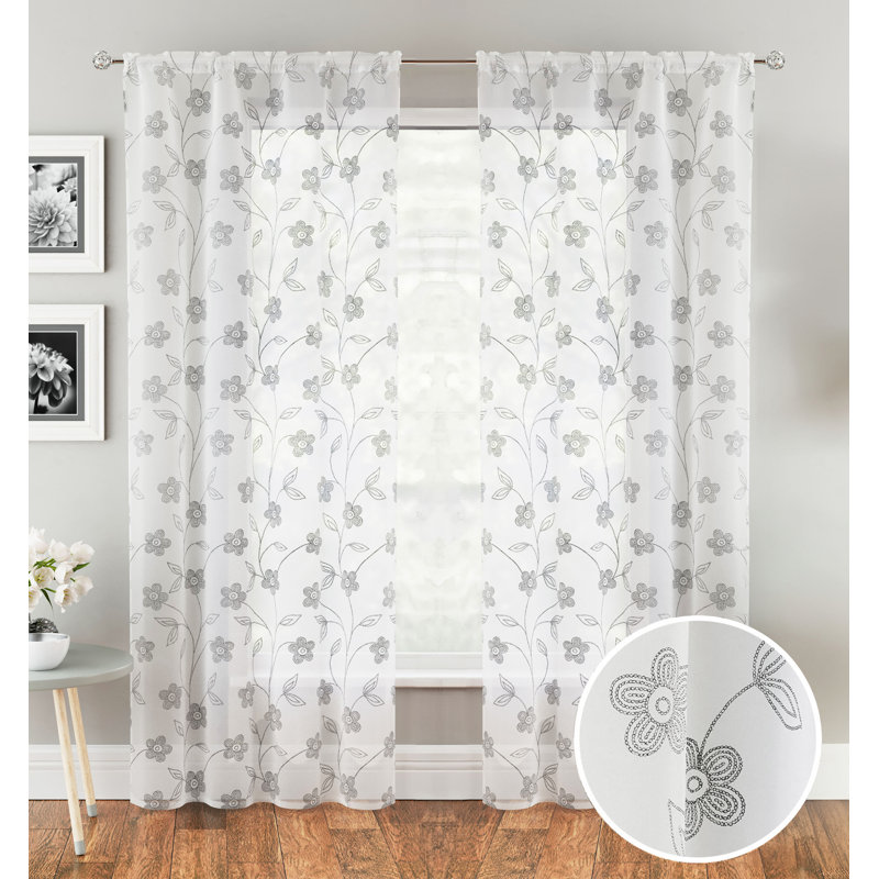 Roanoke Polyester Sheer Rod Pocket Curtain Pair, 140cm Width x 122cm Drop, Grey