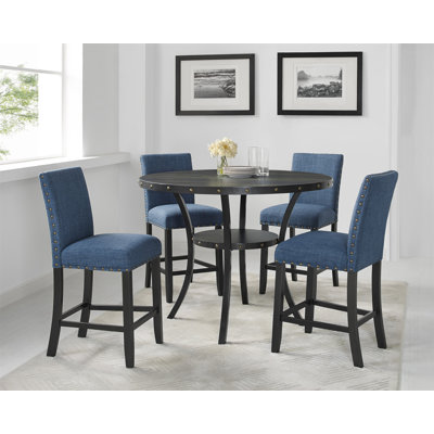 Biony Espresso Wood Counter Height Dining Set With Fabric Nailhead Stools