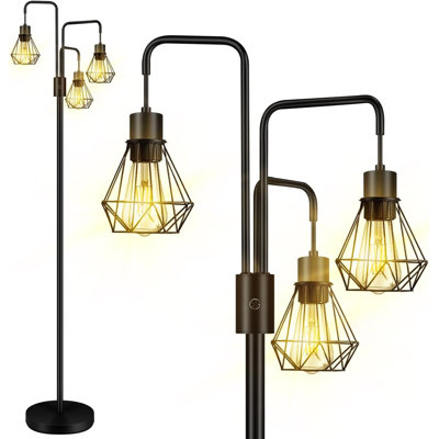 Lampe sur pied industrielle avec abat-jour diamant en métal Boostarea, lampe moderne à 3 lumières pour chambre à coucher, salon, bureau, chambre d'enfant, lecture, fil électrique, télécommande, compatible avec DEL