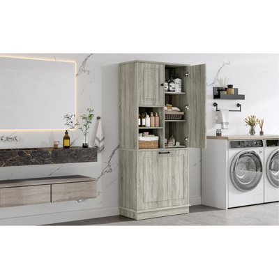 Grande armoire de rangement avec tablettes réglables, grand panier rabattable et armoires fermées - pour la salle de bain, le salon ou le bureau, matériau en bois aggloméré avec poignées en alliage d'aluminium