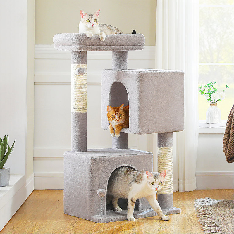 Arbre à chat L 43,3 po pour chat de taille moyenne à plus de 20 lb, 2 grottes spacieuses avec grattoir épaissi de 3,4 po, grand perchoir supérieur, 2 jouets interactifs