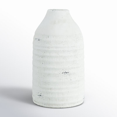 Cement Accent Vase with Ridged Design - 6.5" x 6.5" x 12" - White