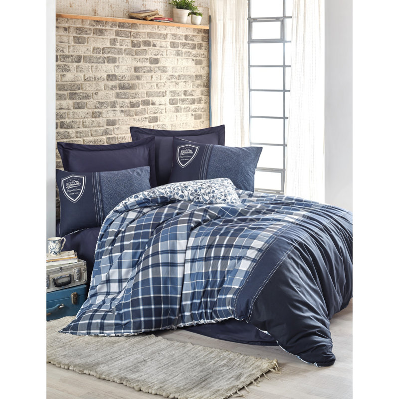 Ensemble de housse de couette 100% coton bleu foncé / blanc 3 pièces Sutterfield