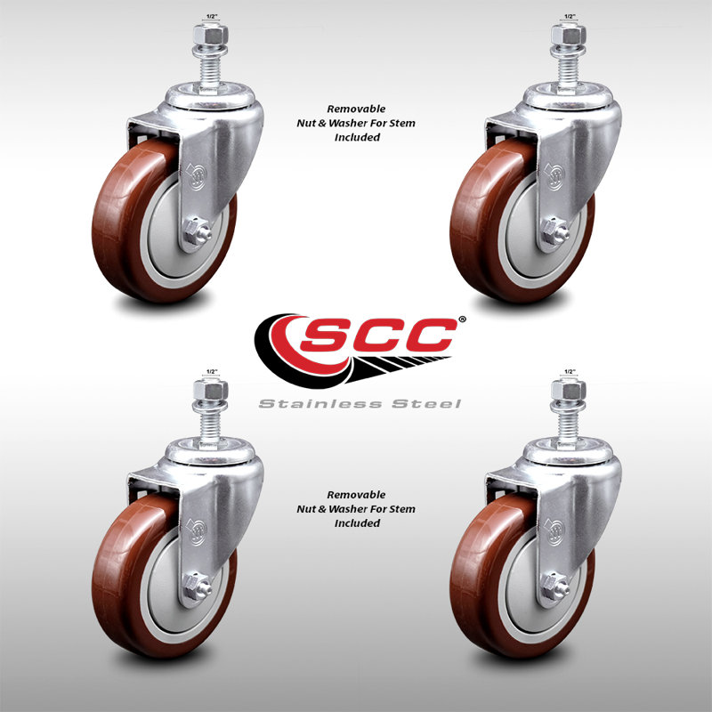 4 Inch SS Maroon Polyurethane Wheel Swivel ½ Inch Threaded Stem Caster Set SCC