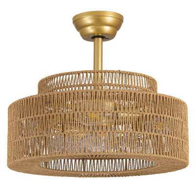 Boho Ceiling Fan Light and Remote, Rattan Ceiling Fan light Caged Fandelier with Lights Flush Mount, 6 Wind Speeds Enclosed Ceiling Fan for Bedroom,
