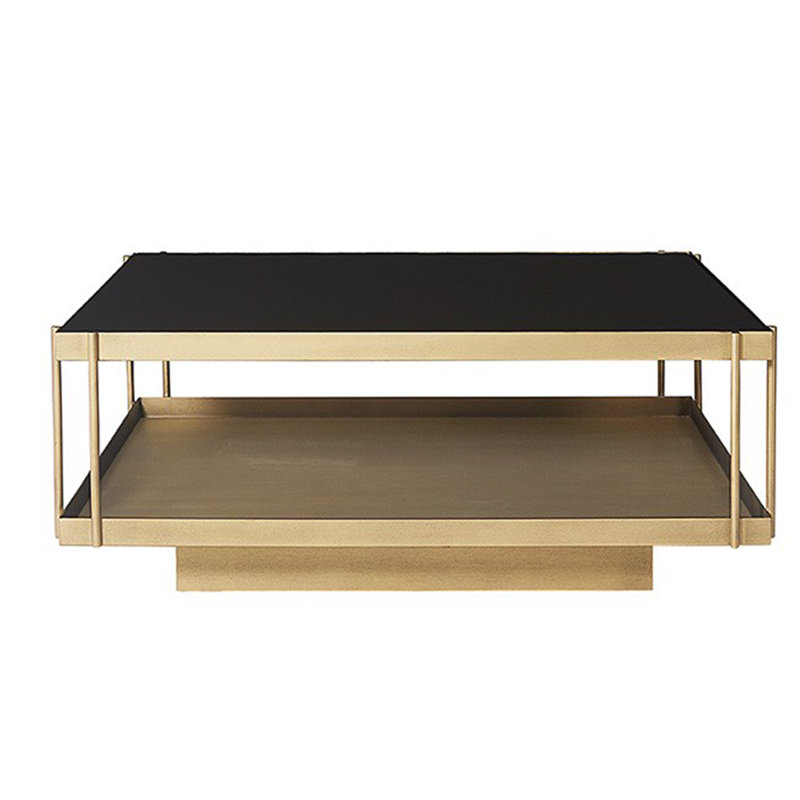 Black Glass Top Square Coffee Table with Brass Frame