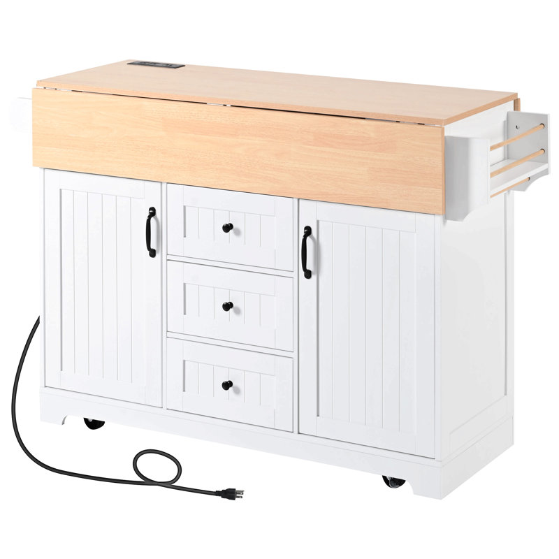 55.7'' Large Kitchen Island With 2 Drop Leaf,, Rolling Kitchen Cart On 5 Wheels With Power Outlet, Folding Storage Dining Table With Spice & Towel Rack , 3 Drawers, For Kitchen, Dining Room