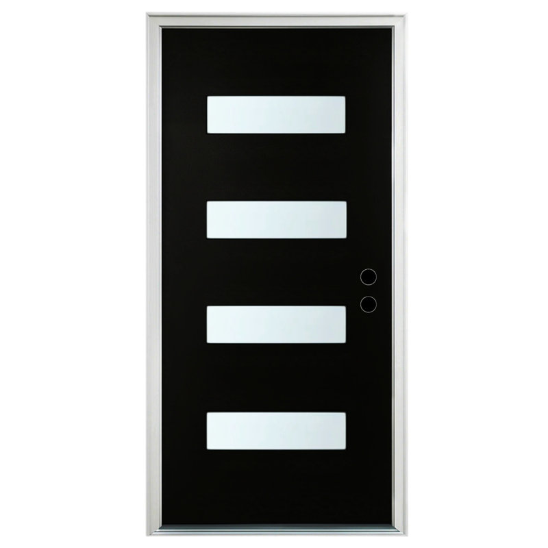 Porte d'entrée contemporaine à 4 carreaux en fibre de verre, 91,4 cm x 203,2 cm, verre noir dépoli, ouverture vers l'intérieur à gauche.
