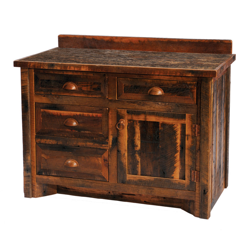 Meuble-lavabo en bois de grange Fireside Lodge, Pieds en bois de grange, Gauche, Avec surface stratifiée