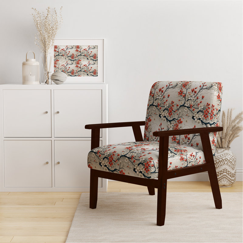 Asian Minimalism I - Upholstered Oriental Accent Arm Chair, Brown Square Arms