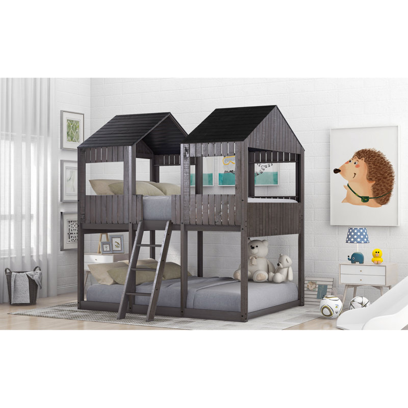 Lit superposé avec toit et garde-corps - Idéal pour la chambre à coucher Le bois massif gris antique offre une expérience de sommeil confortable