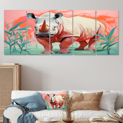 Rose et vert, Rhino Paradise III - Rhinocéros, ensemble de 5 décorations murales