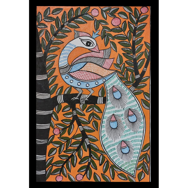 Paon sur arbre, peinture acrylique Madhubani sur papier faite à la main par Lalita Ray - décoration murale d'art populaire indien H 11 po x l 7 po