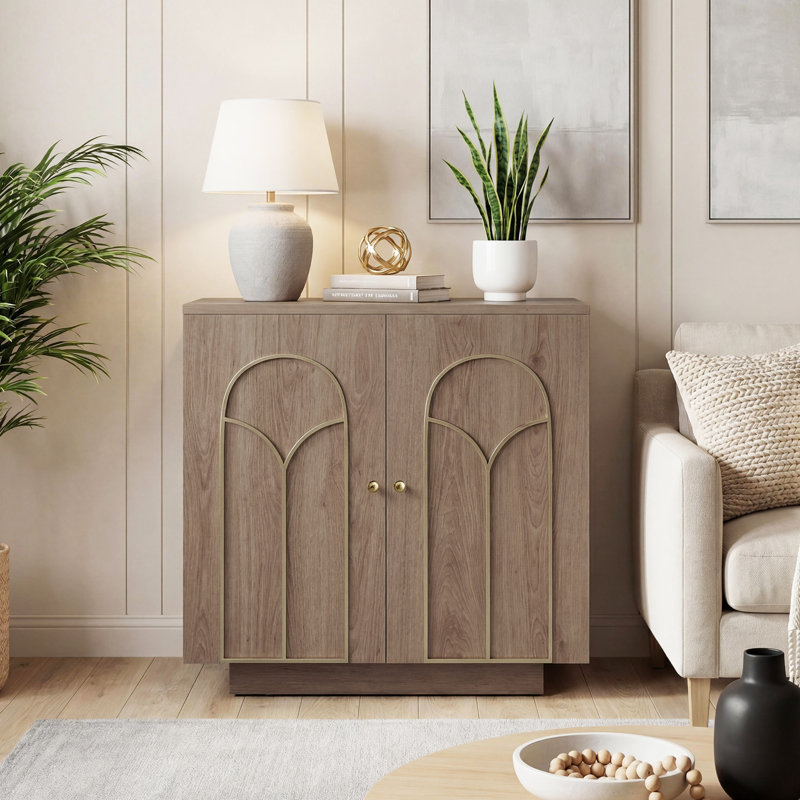 2 Door Accent Cabinet,Solid Wood Storage Cabinet with Adjustable Shelf, Dark Brown Oak, Decorative Arch