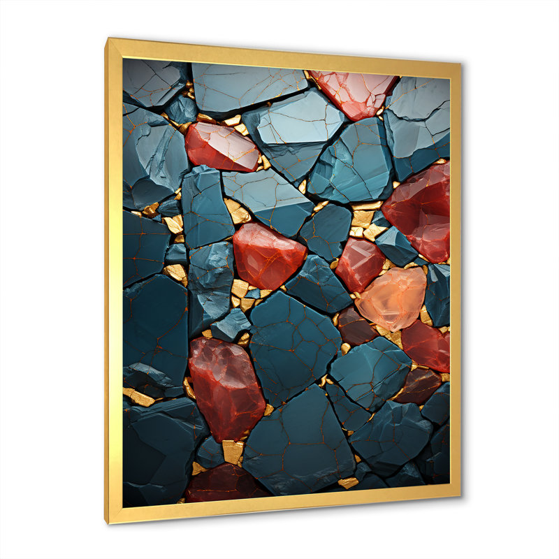 Mosaïque de pierre rouge - décoration murale en marbre, Encadrement doré, H 44 po x l 34 po x P 1,5 po