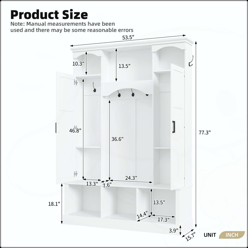 All-in-One Hall Tree with Adjustable Side Cabinets and Arched Design, White