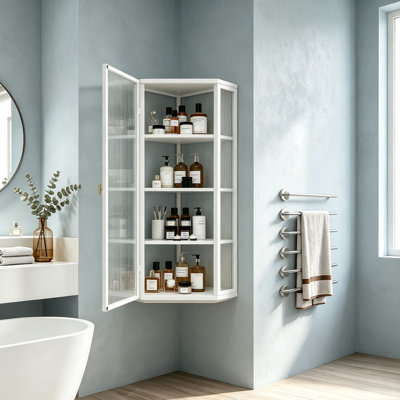 Wall-Mounted Corner Cabinet with Glass Doors – 4-Tier Space-Saving Storage for Bathroom, Living Room & Bedroom | Modern Rust-Resistant Design