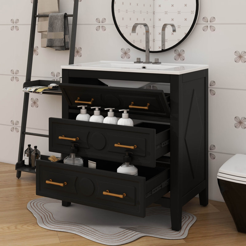 Armoire de rangement de salle de bain 30 po avec cadre en bois massif et 3 tiroirs à fermeture en douceur, Noir