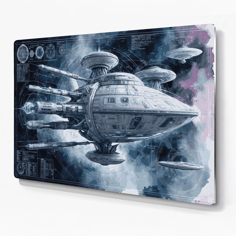 Space Spacecraft Blueprint Designs, art mural en métal bleu