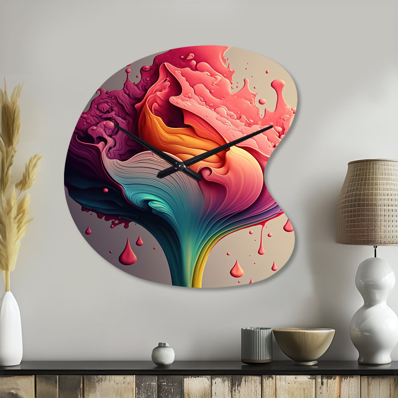 Multicolore, encre liquide tulipe I - horloge murale traditionnelle en métal, impression asymétrique, Petit