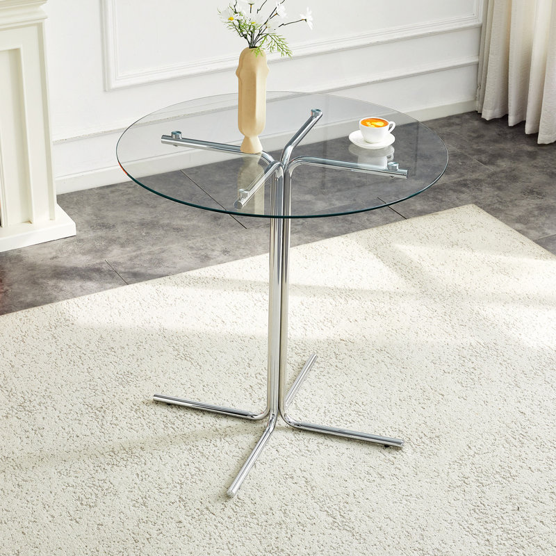 Table haute ronde en verre, table ronde de 36 po, plateau en verre trempé, support robuste à quatre colonnes chromé argenté, convient aux tables rondes transparentes dans les petits espaces.