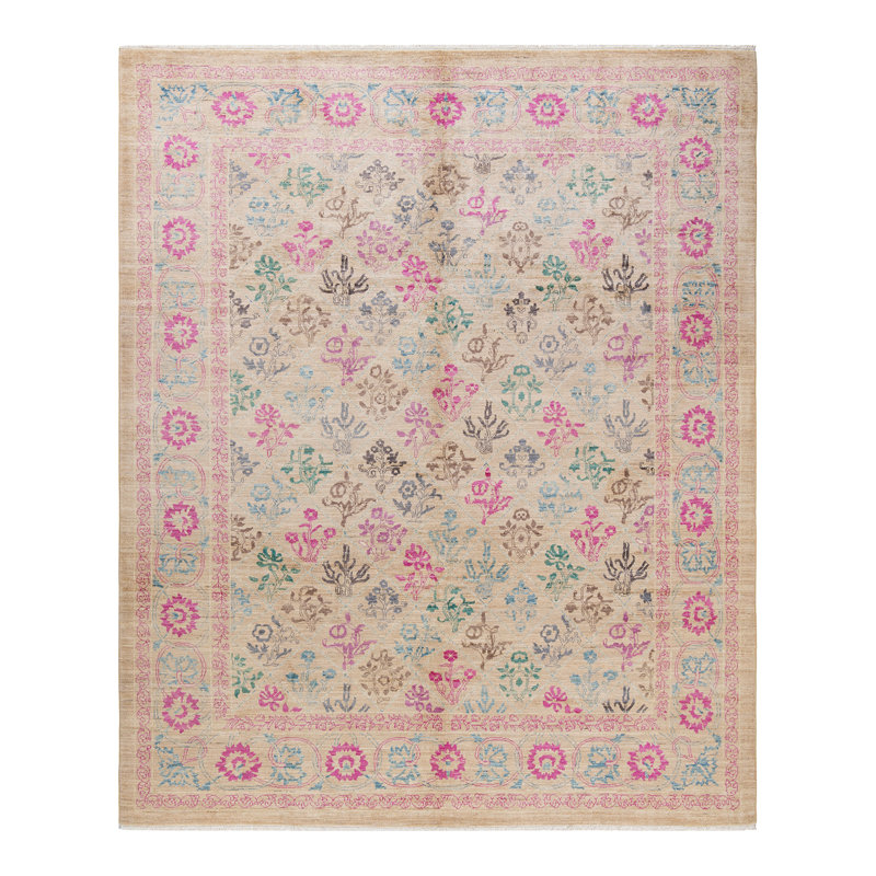 Tapis ivoire noué à la main unique 8 pi 2 po x 10 pi Vaka Eclectic