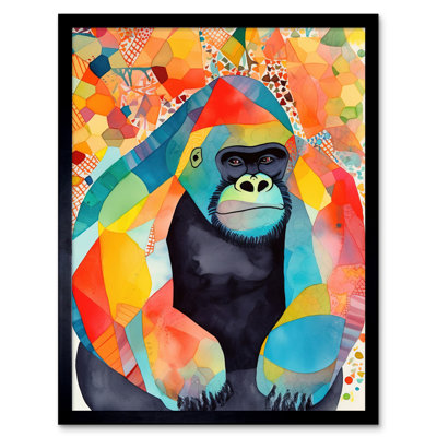 Colourful Gorilla Folk Art Watercolour Painting Artwork Framed Wall Art Print 9X7 Inch