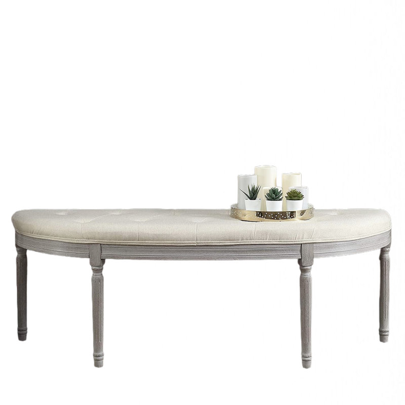 Button Beige Upholstered Coastal Bench With Weathered Gray Legs, Half Crescent Shape For Bedroom Use, And Maintainable, American Style, 19.5 In Width Style Fits Wall Corridors, Build, Simple Assembly,