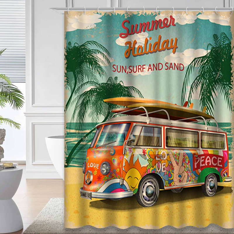 Rideau de douche imperméable rétro Surf Beach Travel Retro Camper avec 12 crochets, L 72 po x l 72 po