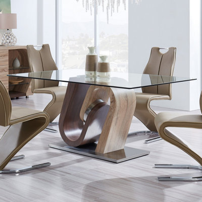 71" Clear And Brown and Silver Glass And Stainless Steel and Manufactured Wood Pedestal Base Dining Table