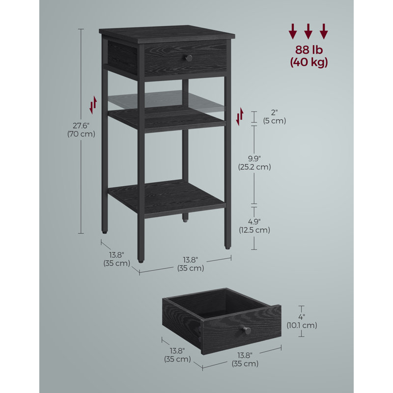 Table de chevet, avec un tiroir et 2 tablettes de rangement, peu encombrante, moderne, Noir