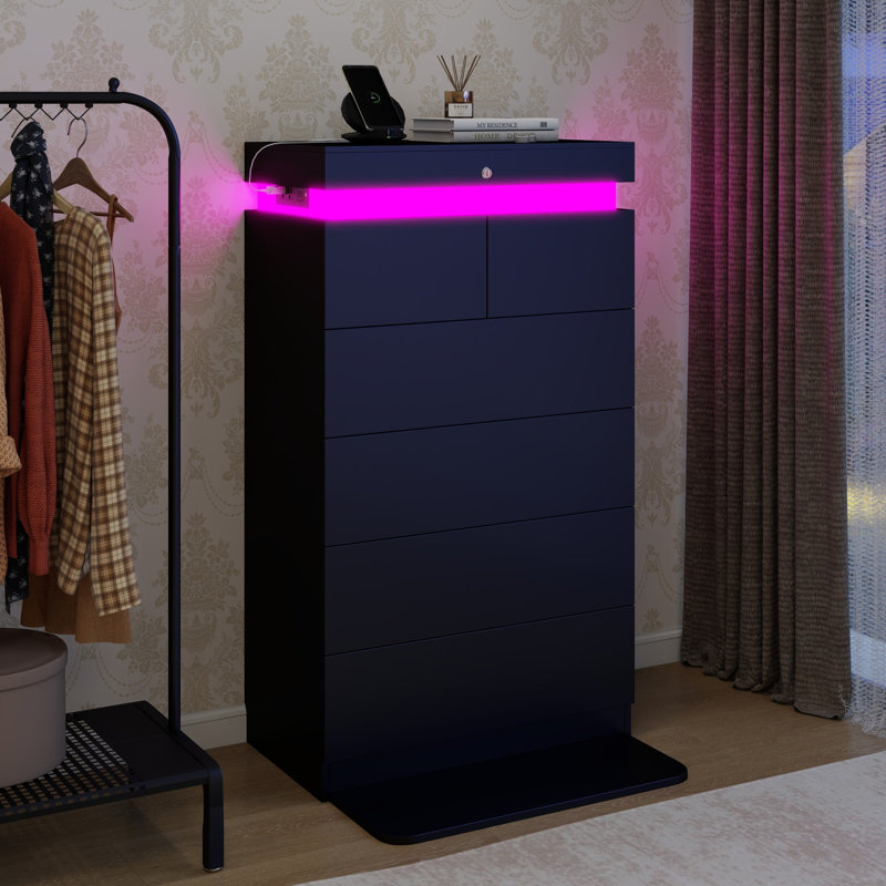Commode moderne à 6 tiroirs 48,4 po avec lumières DEL, station de charge et rangement dissimulé, Noir
