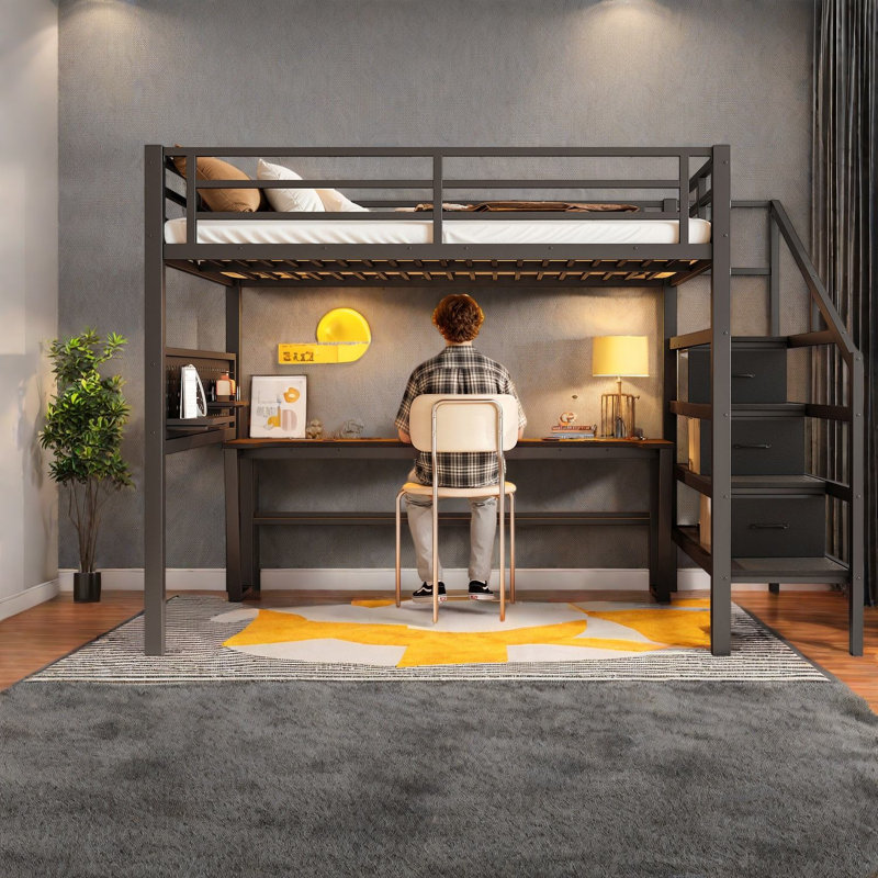 Lits modernes avec escalier de rangement, structure en bois aggloméré en MDF pour les pièces compactes