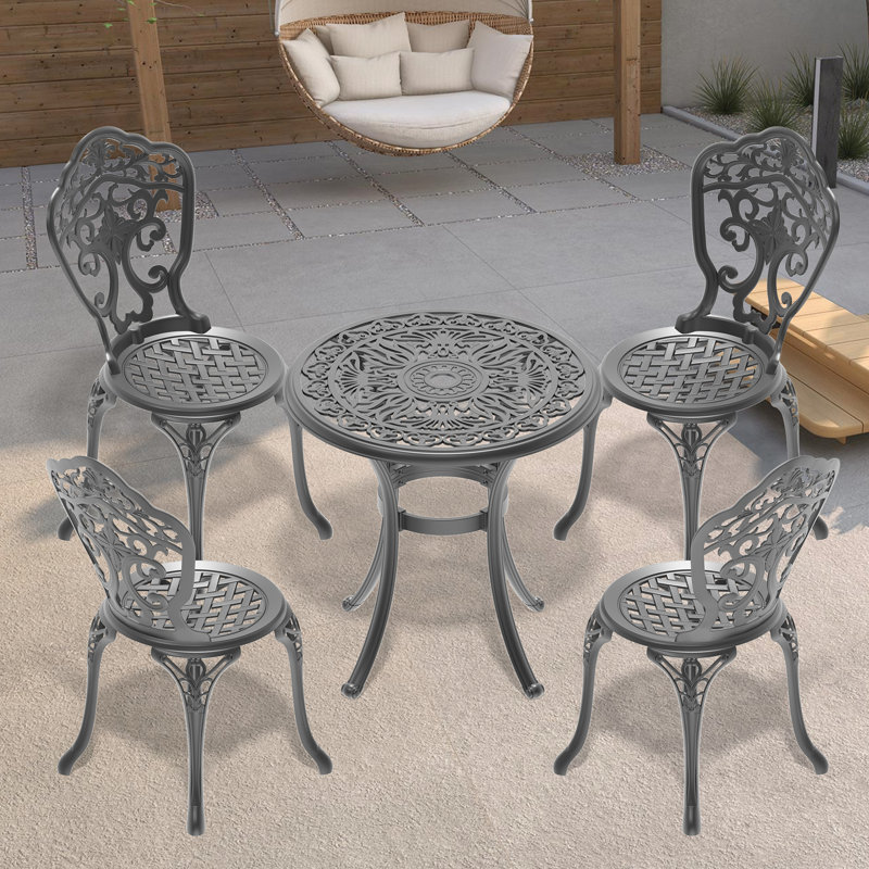 Ensemble de salle à manger d'extérieur 5 pièces en aluminium moulé, structure noire, design élégant, résistant aux intempéries, hauteur du siège de 87 cm, outils de montage inclus, construction tout temps, noir, aspect soigné, sièges confortables, installation facile