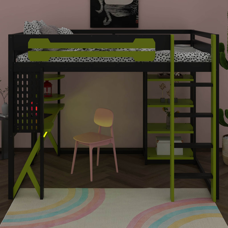 Wood Gaming Loft Bed With Desk & RGB Light, Full Size Loft Bed With USB Port, Power Outlet, Hanging Board, Ladder & Guardrails