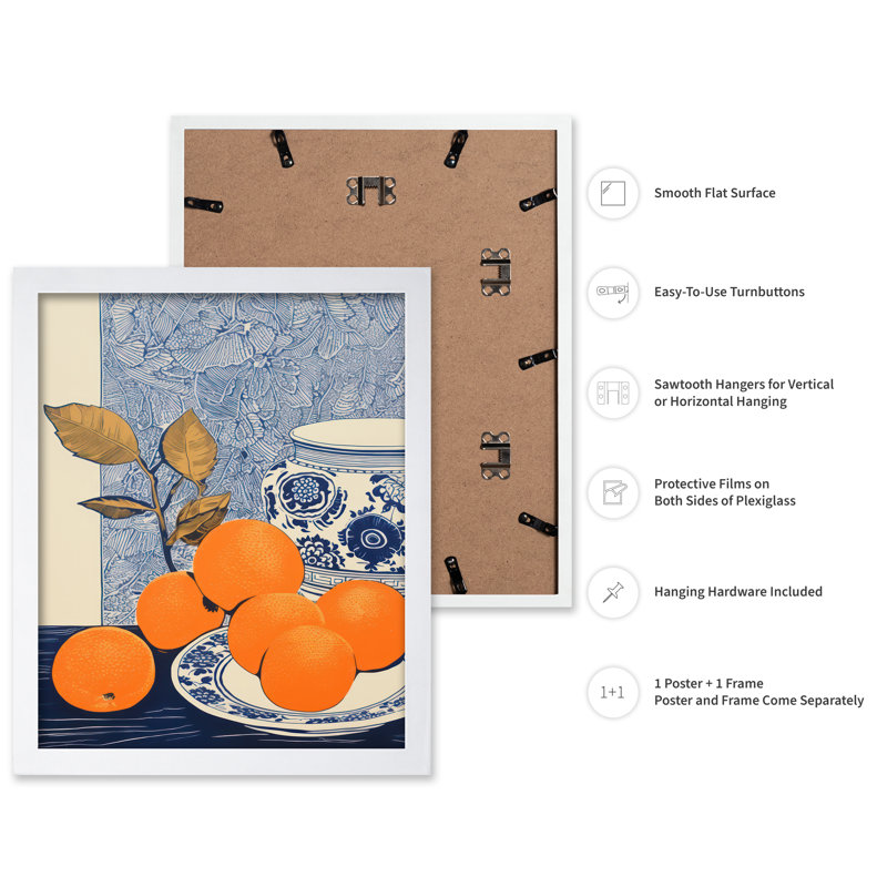 Oranges et vase bleu, Affiche, H 12 po x l 16 po, Encadrement blanc