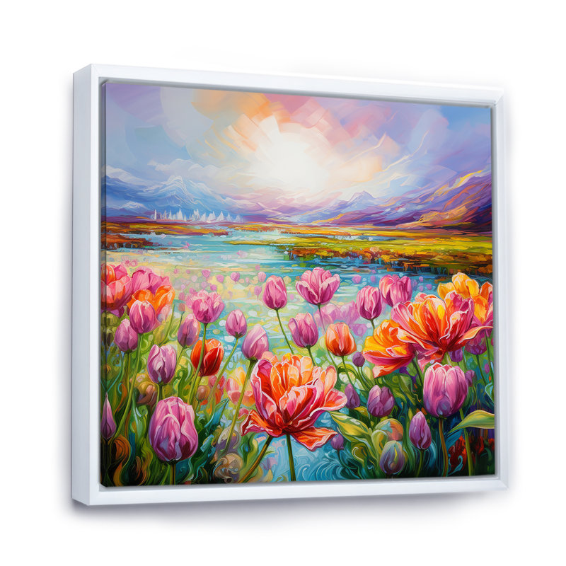 «Purple Tulips Field By The River II», reproduction sur toile, Cadre flottant blanc, H 24 po x l 24 po x P 1 po