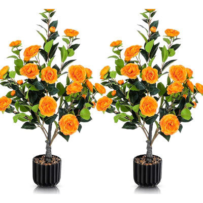 2 Pack Of 36" Artificial Trees In Orange And , Ideal For Indoor Outdoor Office Home Porch Decor, Realistic Trunks, Stable Pp Pot, No Trimming Required Faux Tree With Blooms Suitable Cafe Shop Leaves,