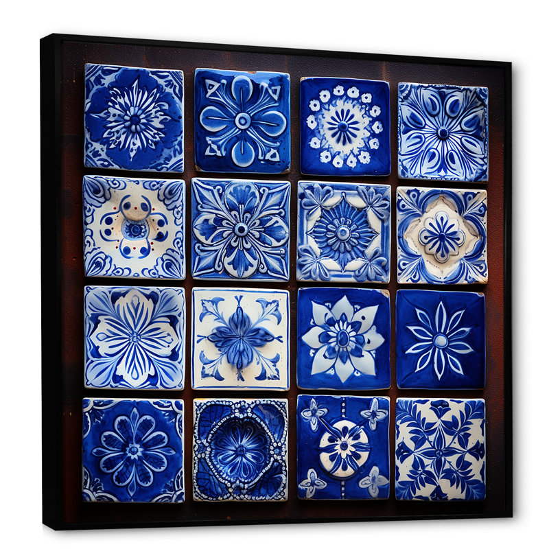 Boho Turkish Blue Tiles 3 - Boho Tiles, art mural, Noir, H 30 po x l 30 po