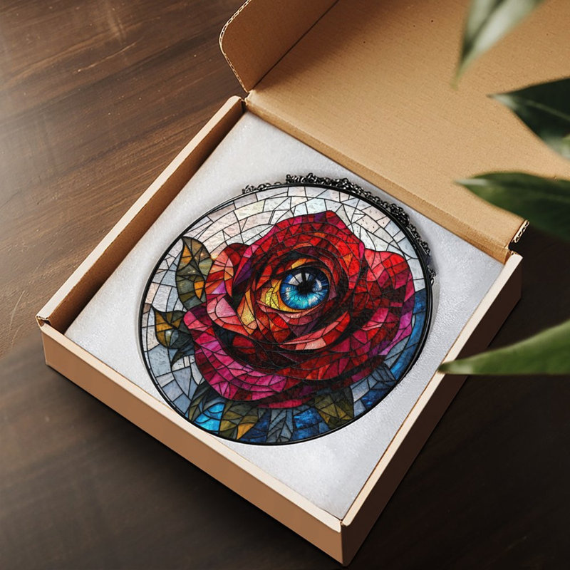 Vitrail rose avec œillets vitrail pour fenêtre, 7.8x7.8in(20x20cm)