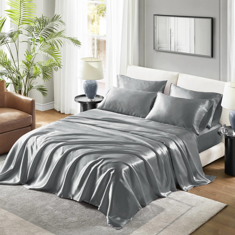 4 draps en satin de luxe gris simple - froissé, lisse et doux pour la peau, 1 drap plat, taies d'oreiller à bout ouvert ajustées soyeuses, empêche le boulochage,