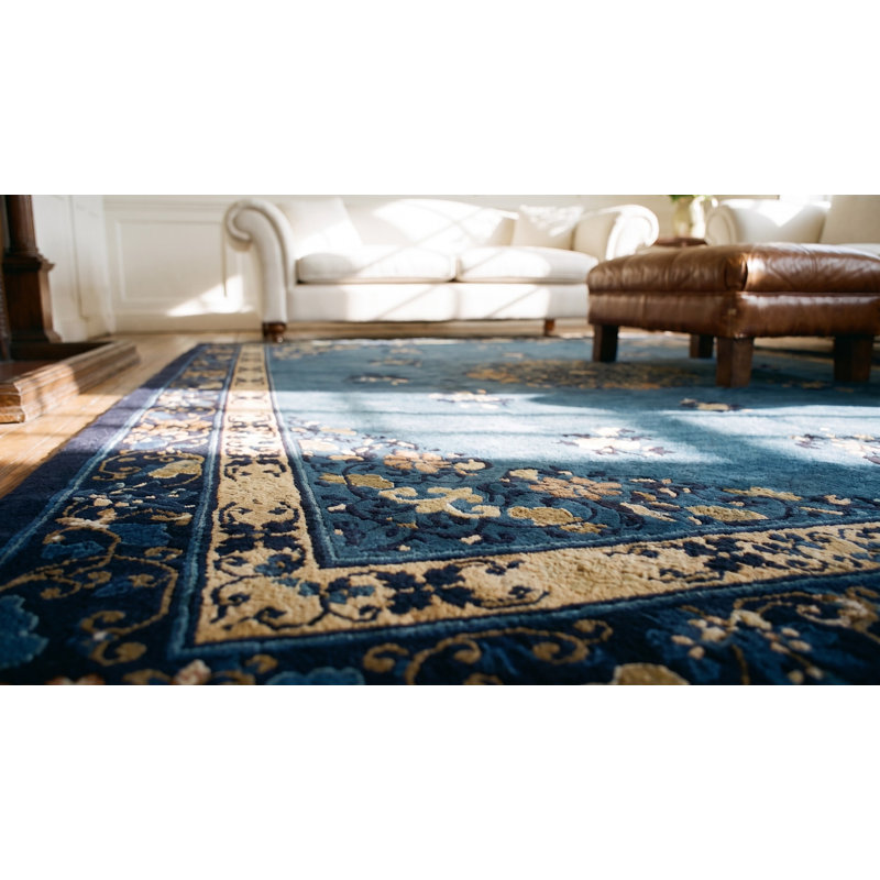 Wool Hand Knotted Pile Blue Rectangle 1920s Antique Rug