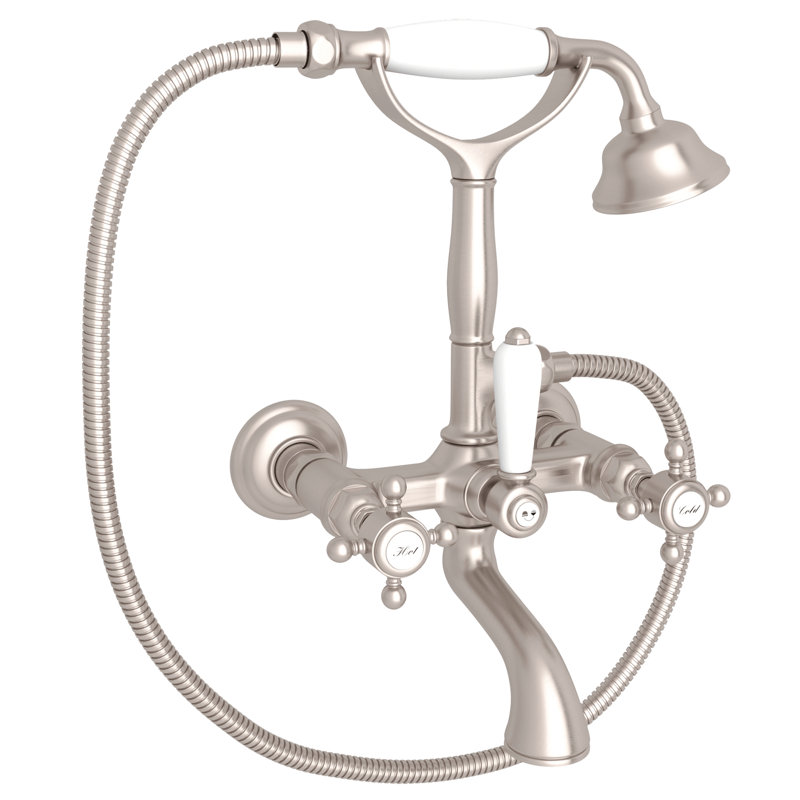 Country Exposed Wall Mount Tub Filler, Satin Nickel, Metal Cross Handle