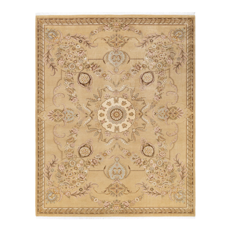 Tapis unique brun / ivoire / jaune noué à la main Mogul 8 pi 2 po x 10 pi 10 po