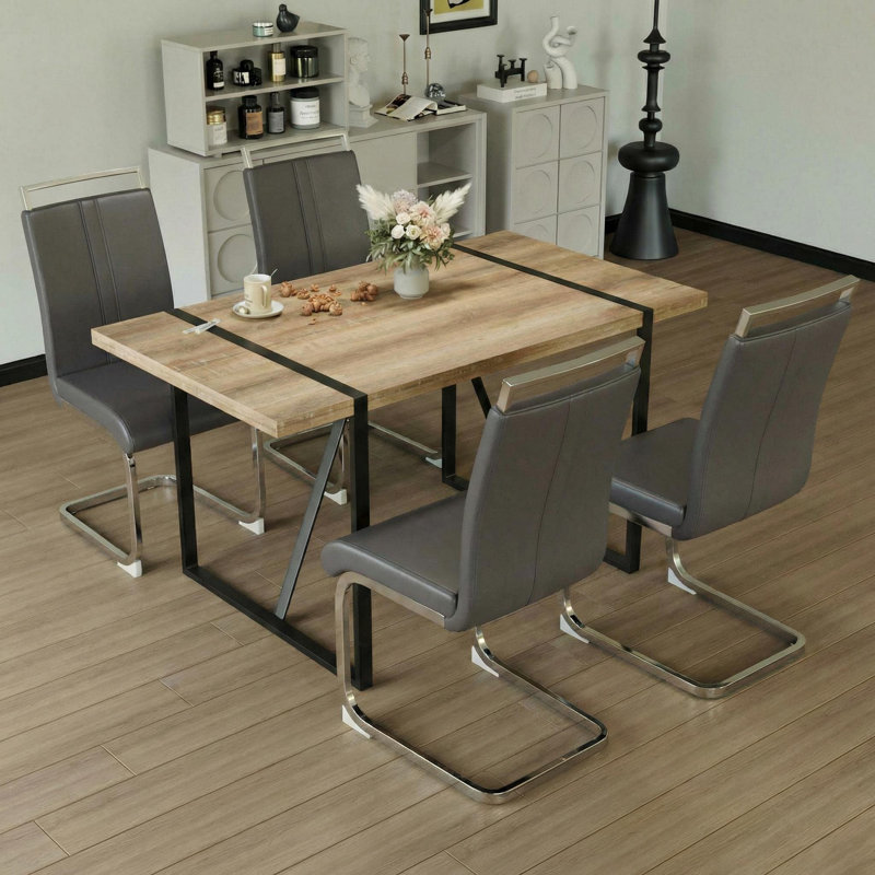 Modern Farmhouse 5-piece Dining Set With Rectangular Table & 4 Pu Leather Chairs, Gray/Silver
