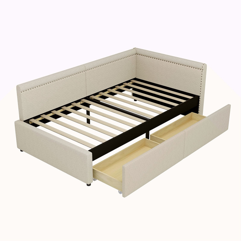 Lit de coin en L de style moderne avec lit simple en lin et deux tiroirs de rangement, Beige