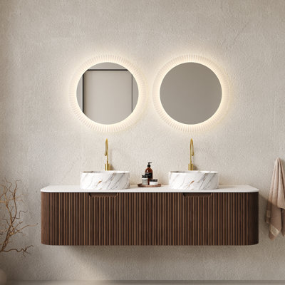 Meuble-lavabo mural 60 po noyer foncé grain de bois avec lavabos doubles, bords courbés, 2 tiroirs et lavabos en céramique à motif de pierre - pré-assemblé