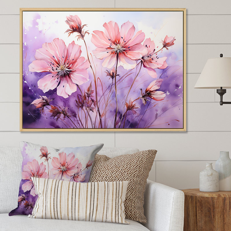 Mauve et rose coquelicots I - coquelicots, art mural, Cadre flottant doré, H 24 po x l 32 po x P 1 po
