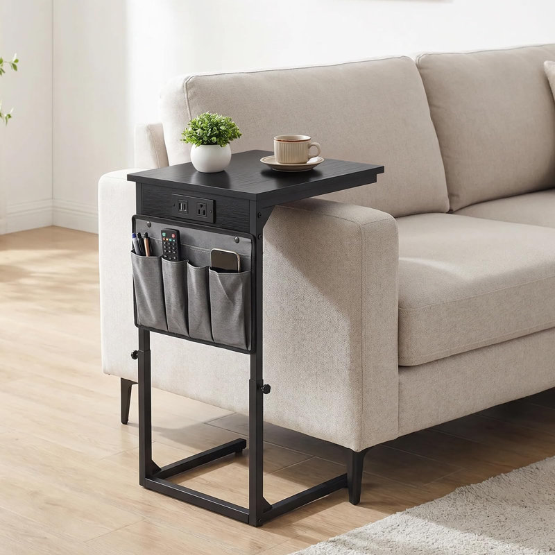 Table d'appoint en forme de C avec station de recharge, table de chevet pour canapé - Organisateur suspendu, petite table d'appoint mince pour salon et coin lecture