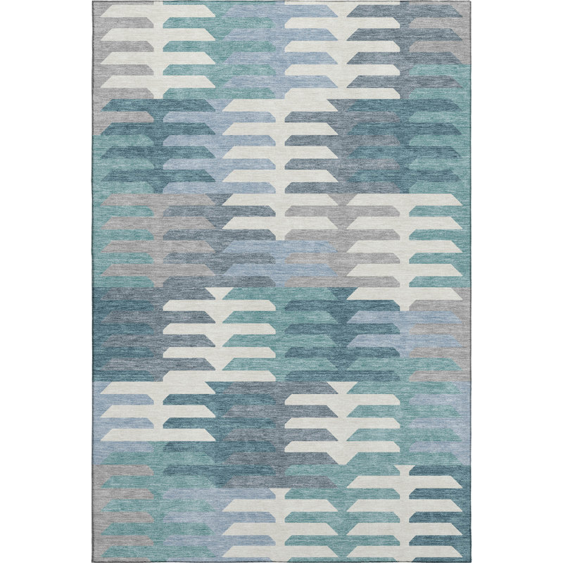 Premium Machine Washable Mayfield AMF2328 Geometric Rug, Teal, 8' x 10'